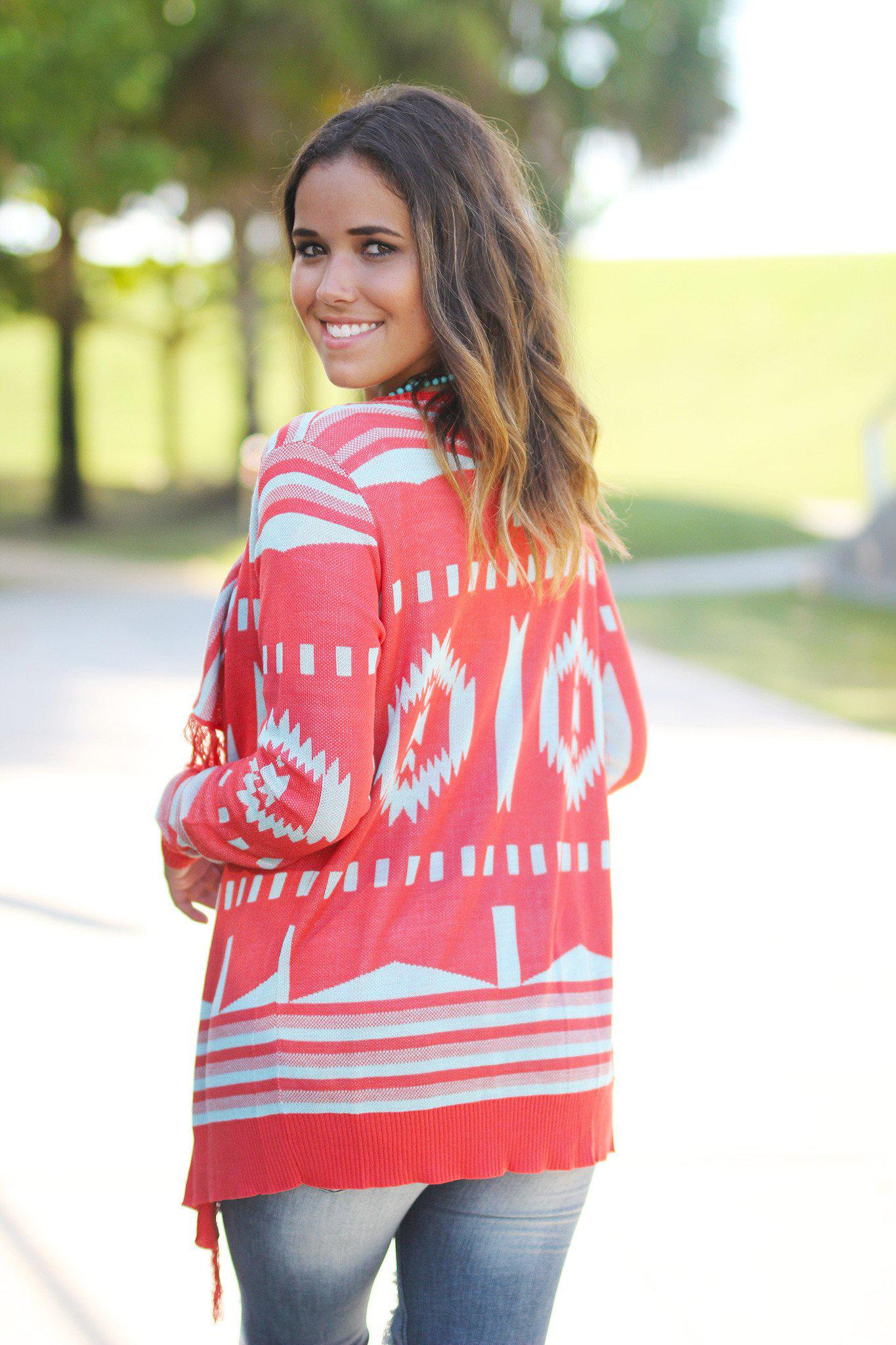 Coral and Mint Fringe Cardigan