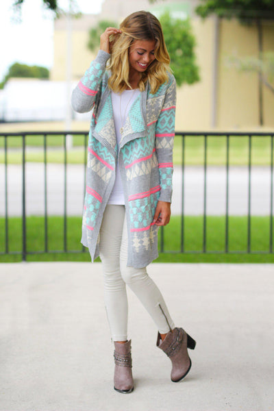 Mint And Gray Long Cardigan
