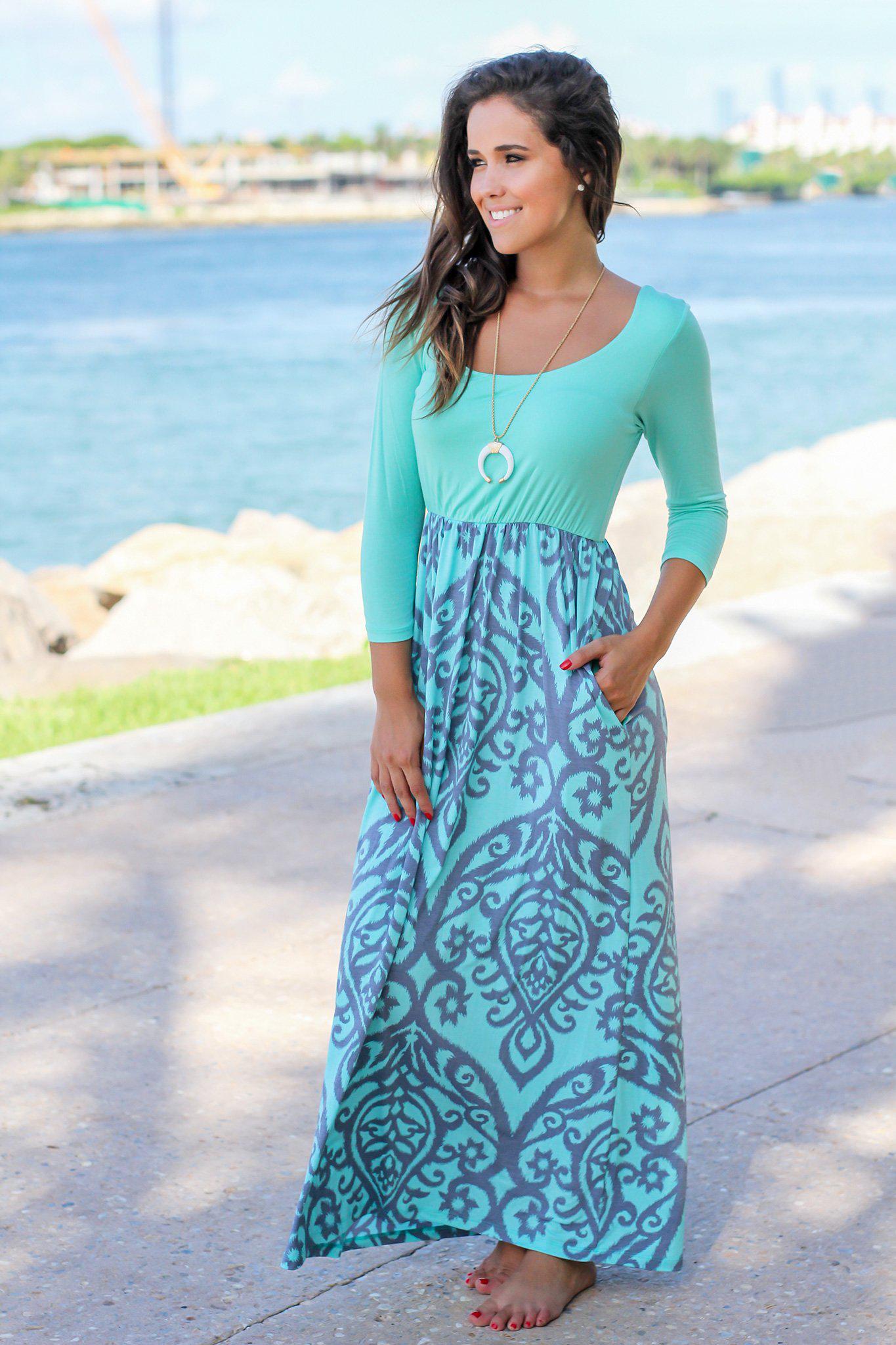 Mint and Gray Printed Maxi Dress with 3/4 Sleeves