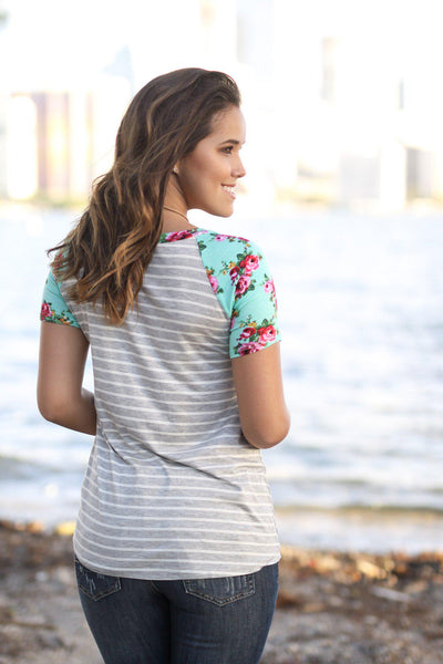 Mint and Gray Striped Top with Floral Sleeves