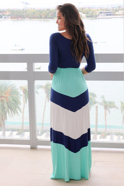 Mint and Navy Chevron Maxi Dress with 3/4 Sleeves