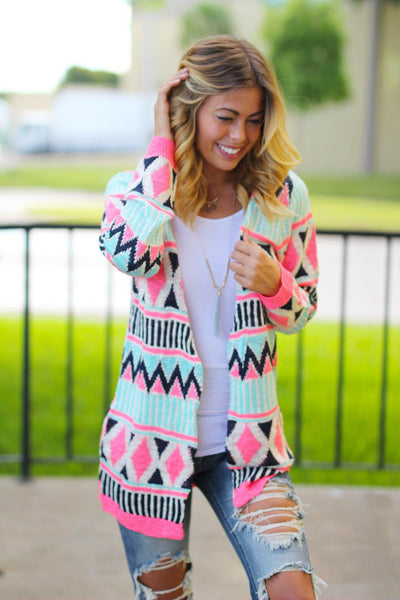 Mint and Neon Pink Cardigan