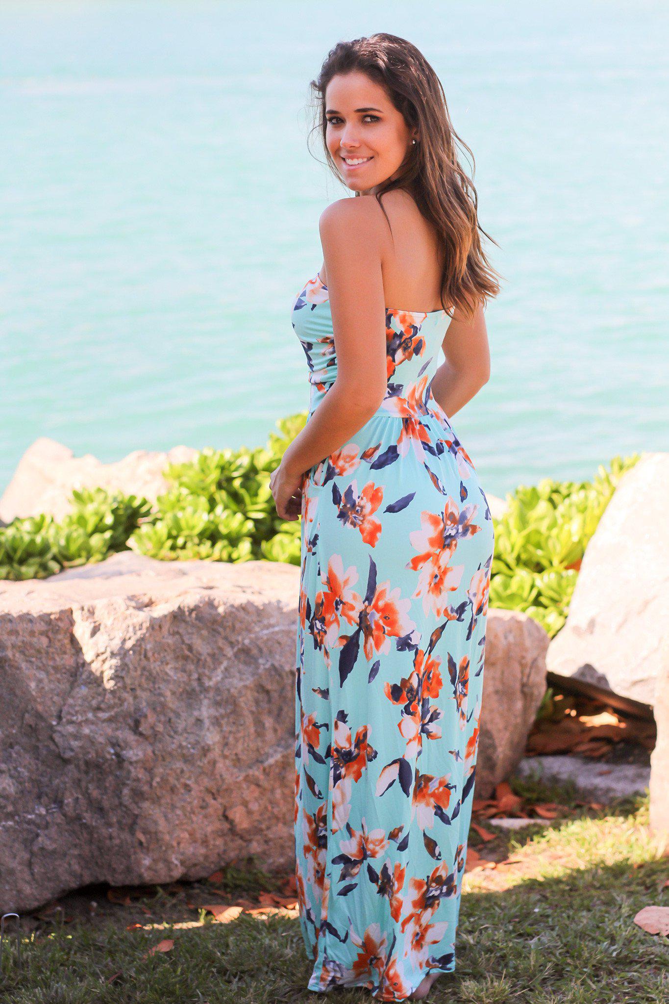 Mint and Orange Floral Strapless Maxi Dress with Pockets