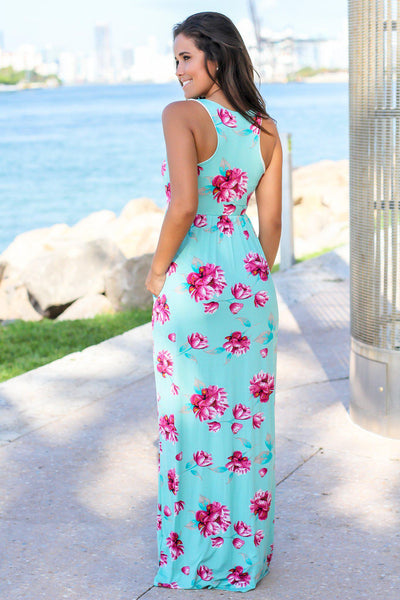 Mint and Pink Floral Maxi Dress with Pockets