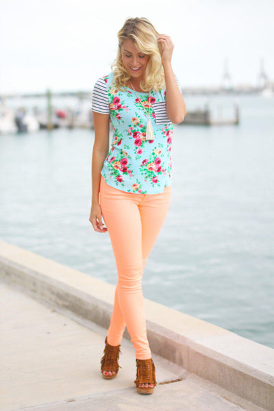 Mint Floral Top With Pocket