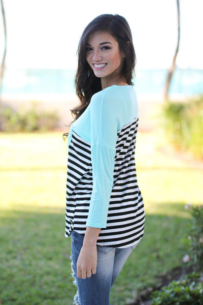 Mint Striped Top With Pocket