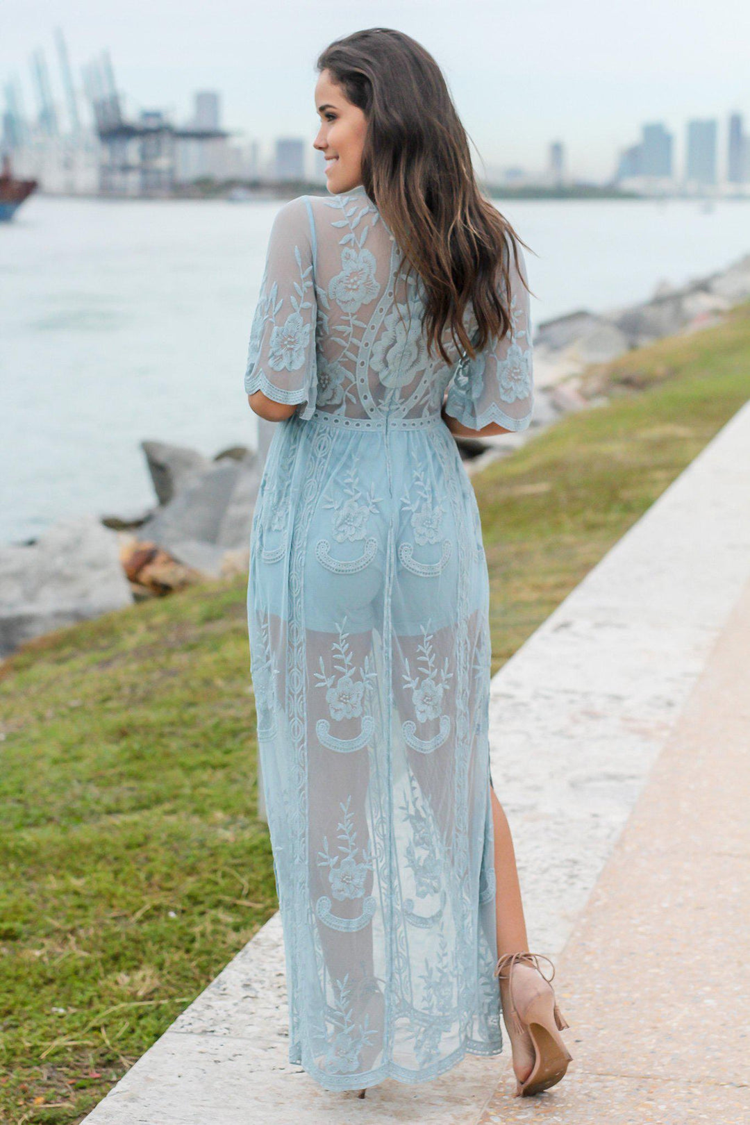 Misty Blue Lace Maxi Romper | Lace Romper | Online Boutiques