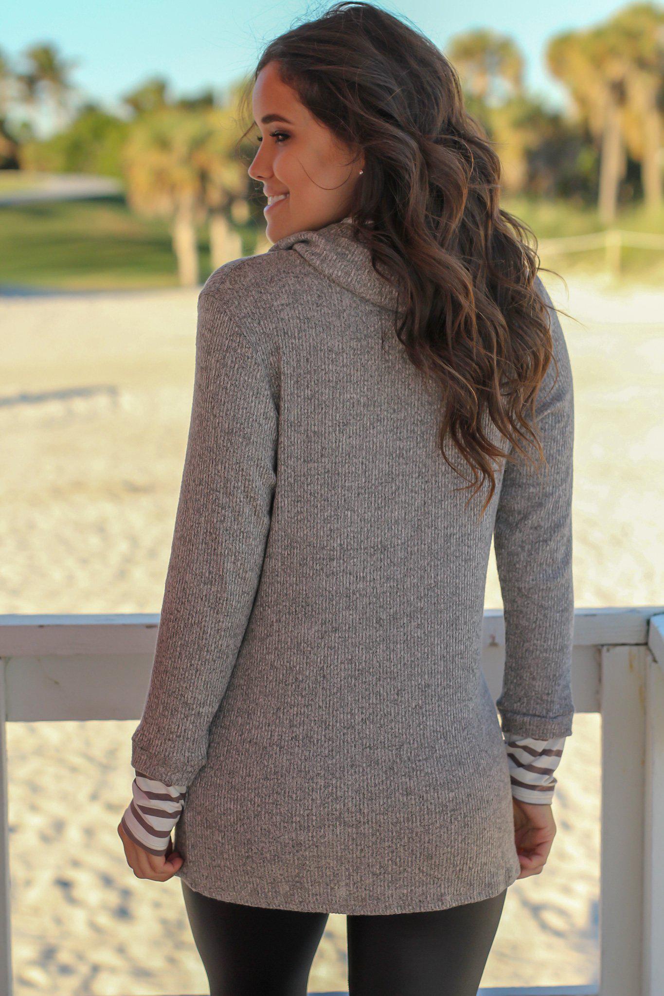 Mocha Cowl Neck Top with Stripes
