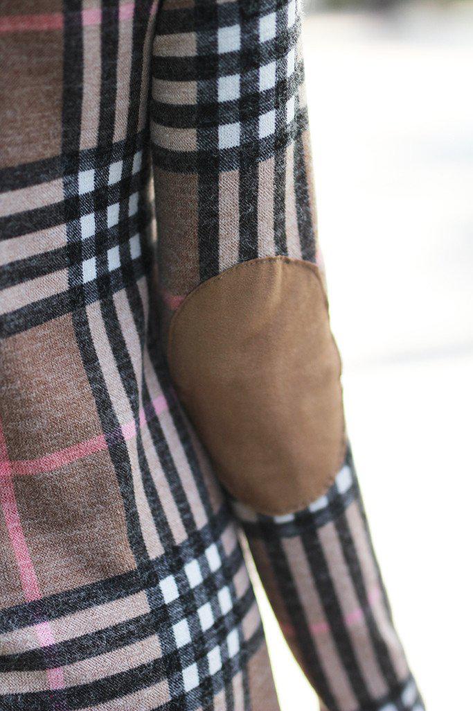 Mocha Plaid Dress with Elbow Patches