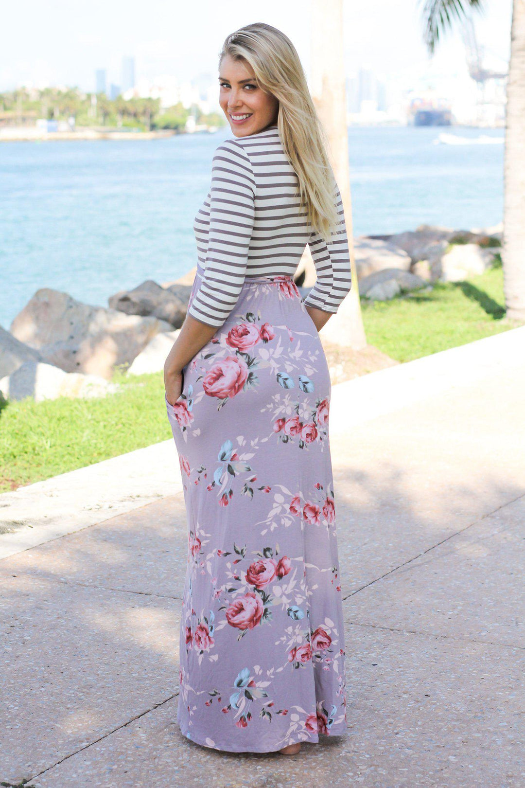 chinese dress ladies Striped Floral Maxi Dress with Waist Tie in Blue Mix