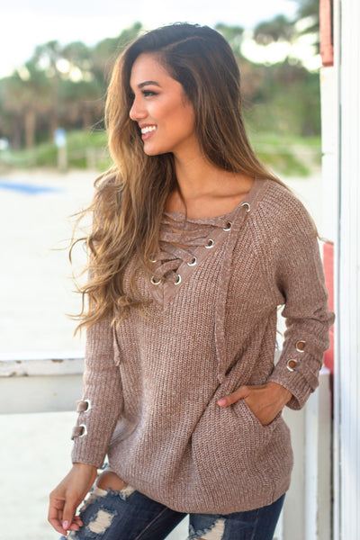 Mocha Lace Up Knit Sweater