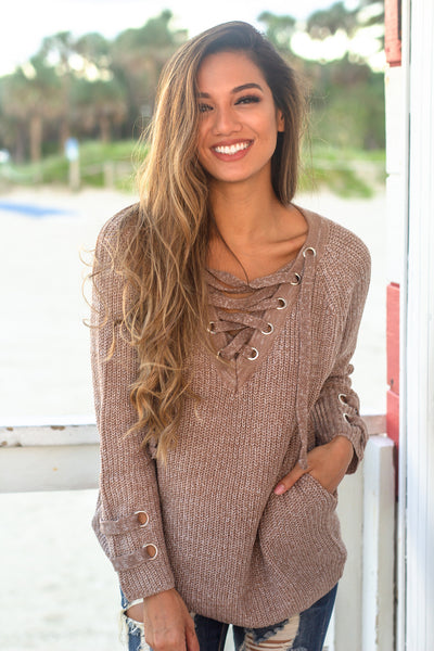 Mocha Lace Up Knit Sweater