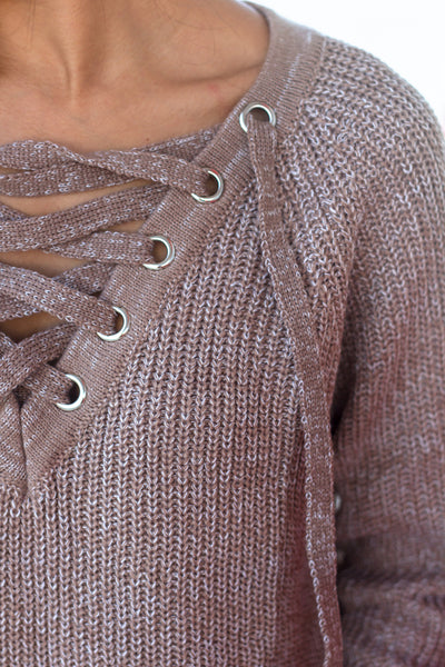 Mocha Lace Up Knit Sweater