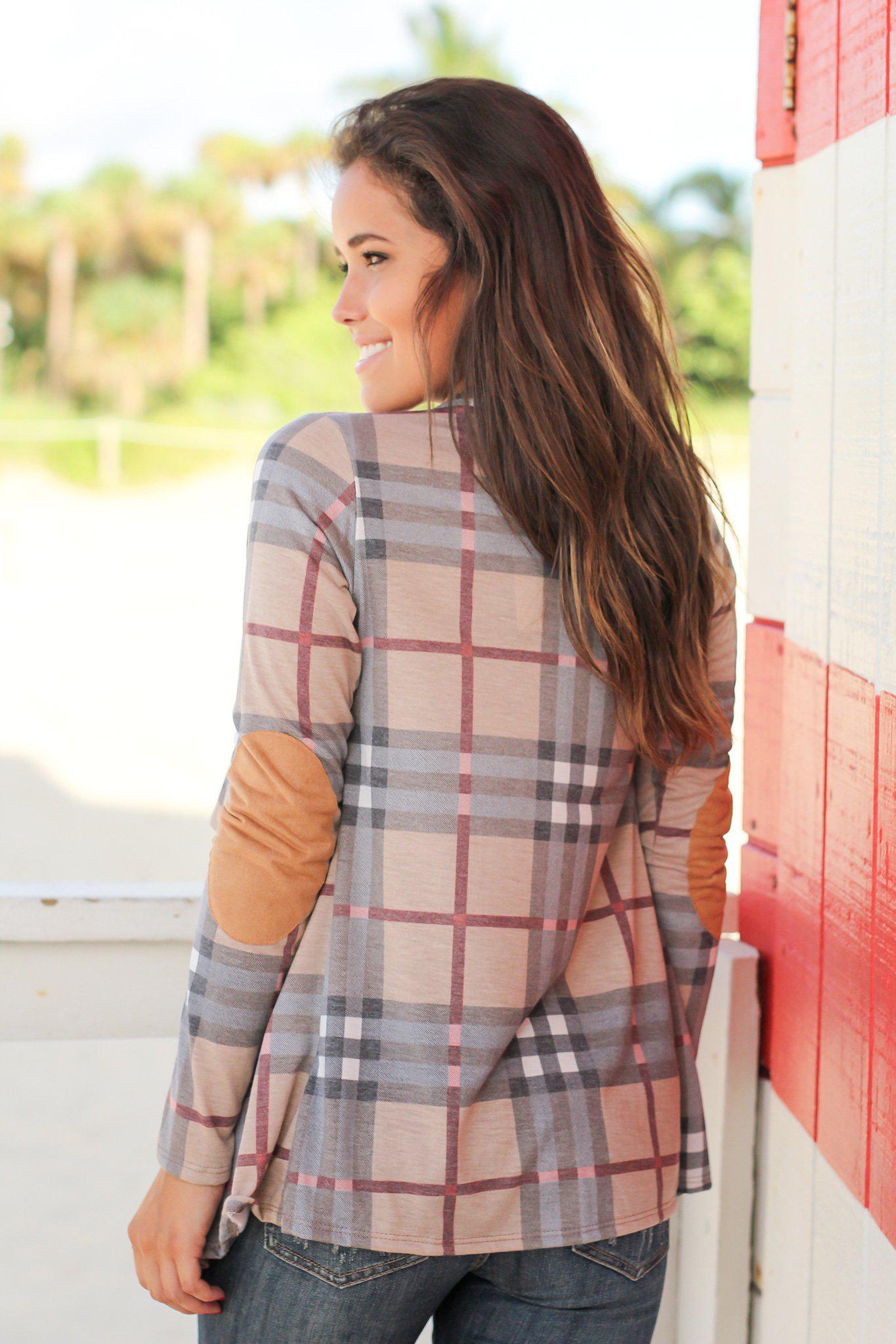 Mocha Plaid Cardigan with Elbow Patches