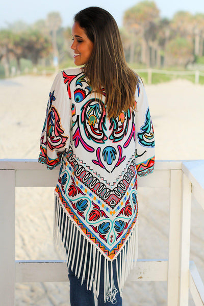 Multi-Color Kimono with Fringe