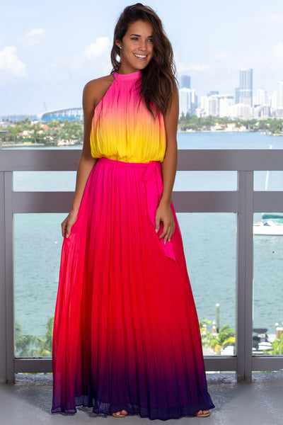 Multi Colored Pleated Halter Neck Maxi Dress