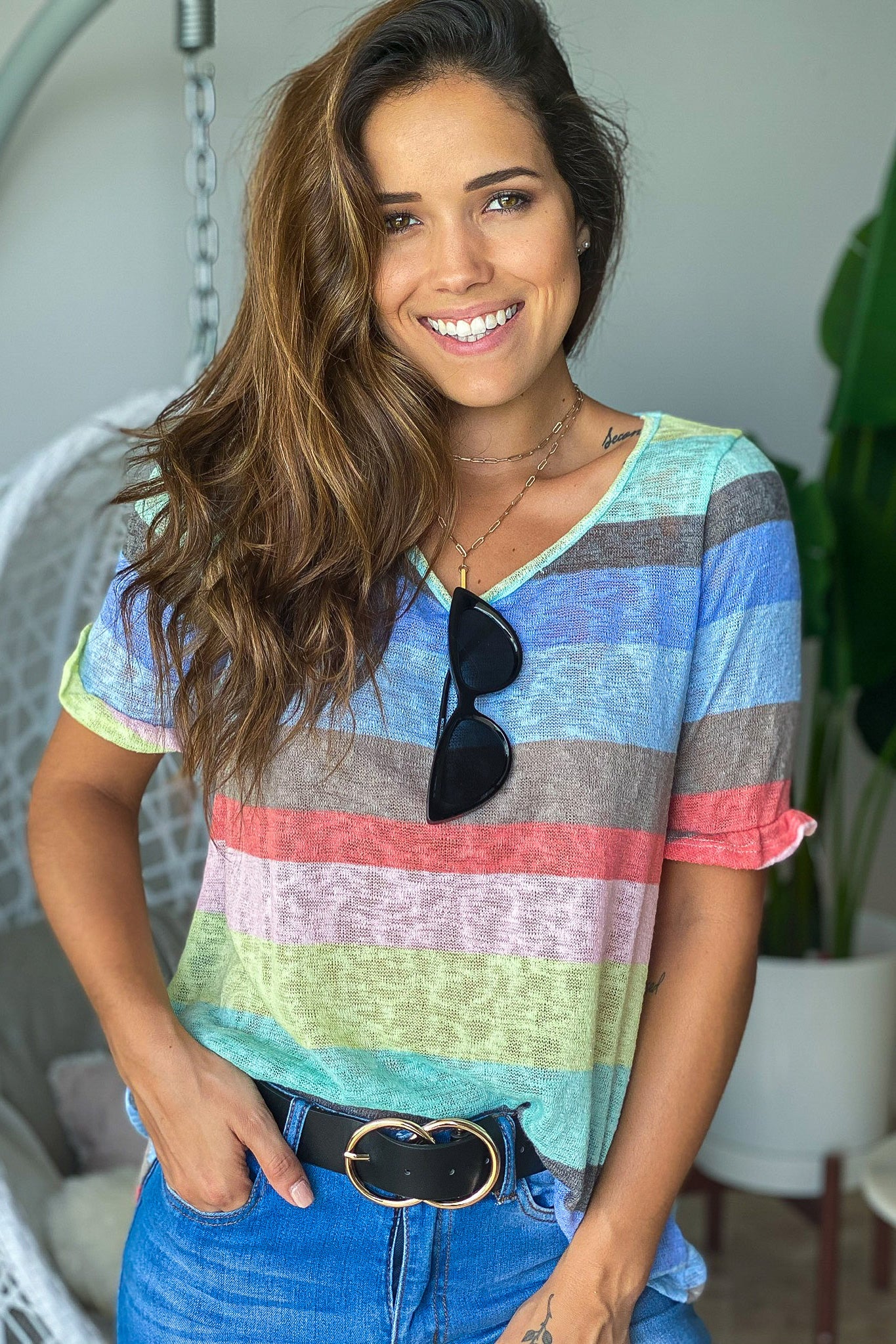 Multi Colored Striped Top with Short Sleeves