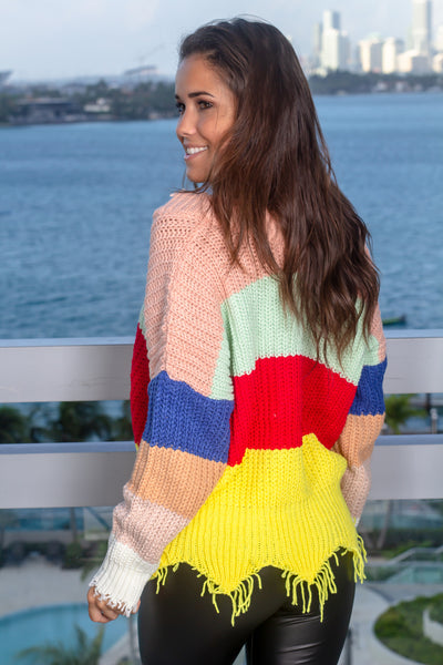 Multi Colored Frayed Knit Sweater