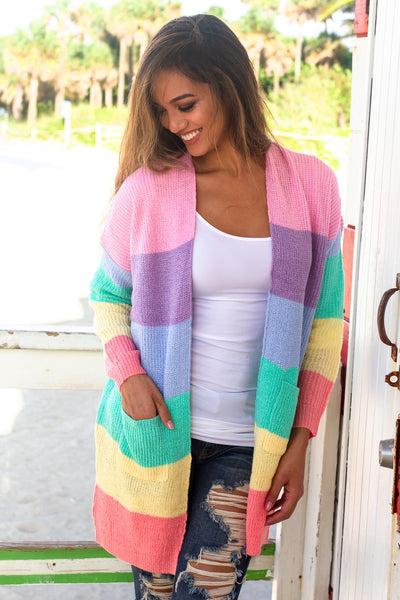 Multi Colored Open Cardigan with Pockets