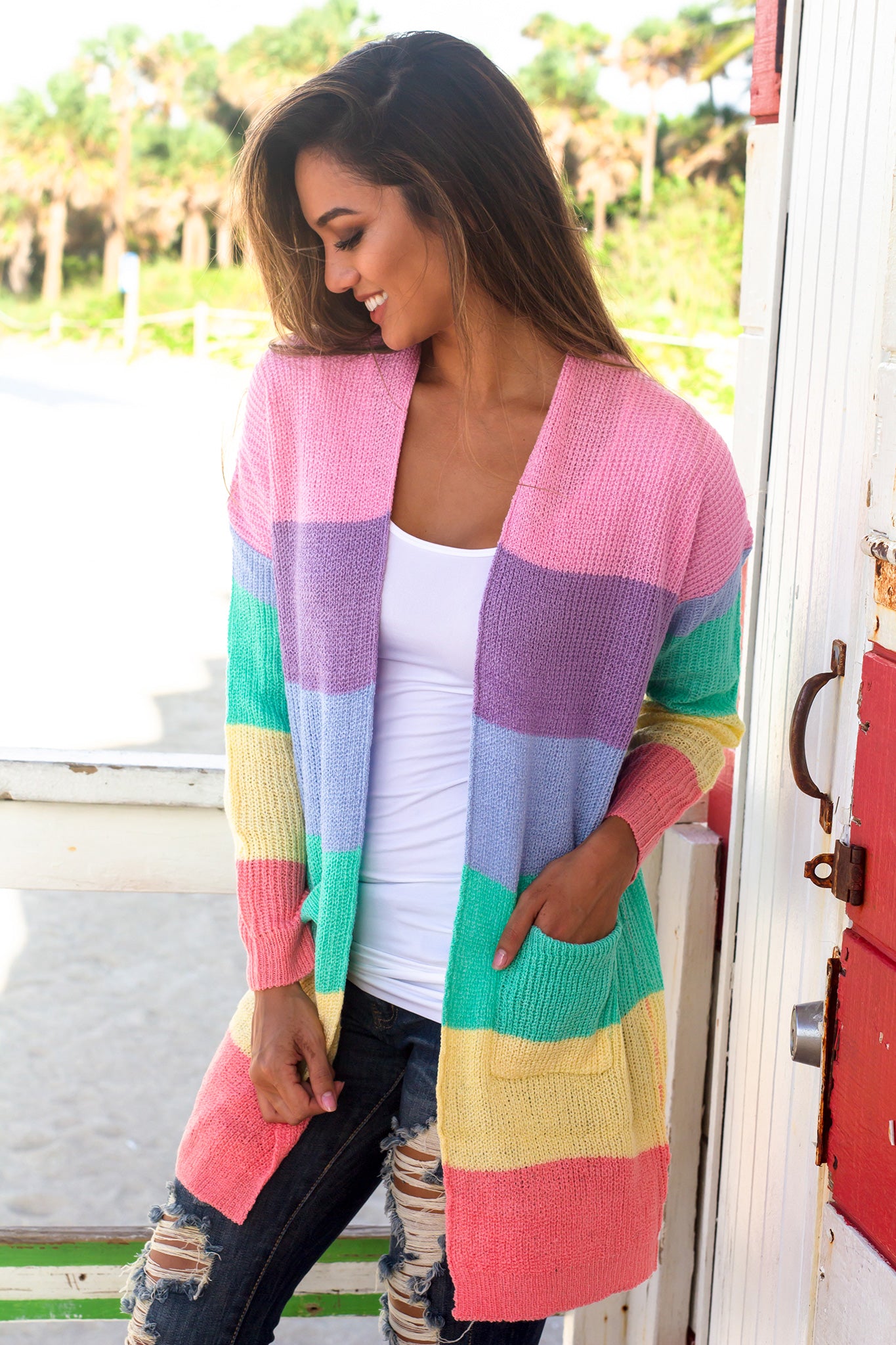 Multi Colored Open Cardigan with Pockets