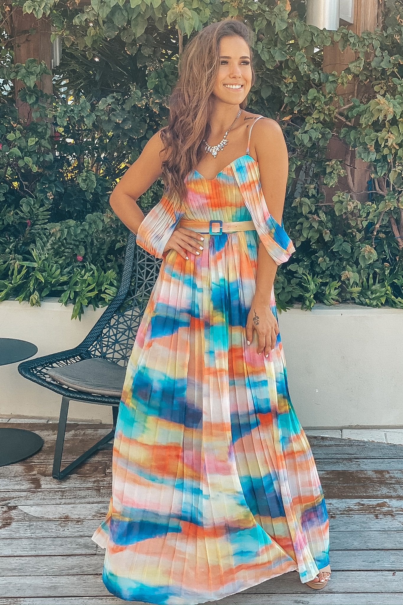 Multi Colored Pleated Maxi Dress with Belt