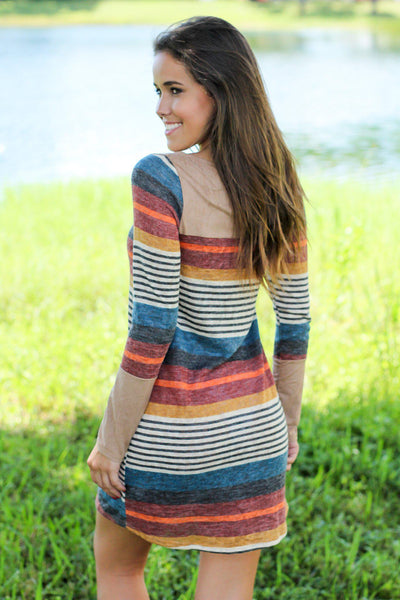 Multi Colored Striped Short Dress with Suede Detail