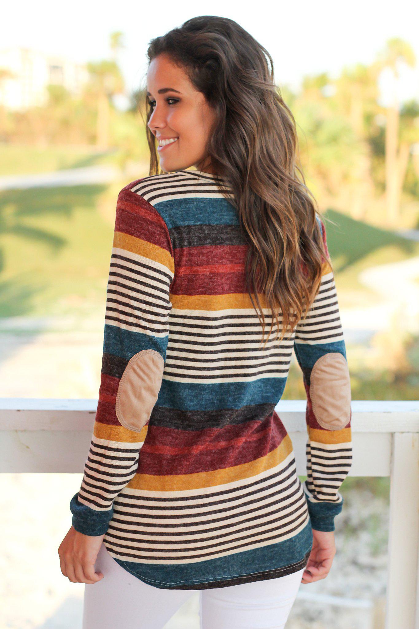 Multi Colored Striped Top with Elbow Patches