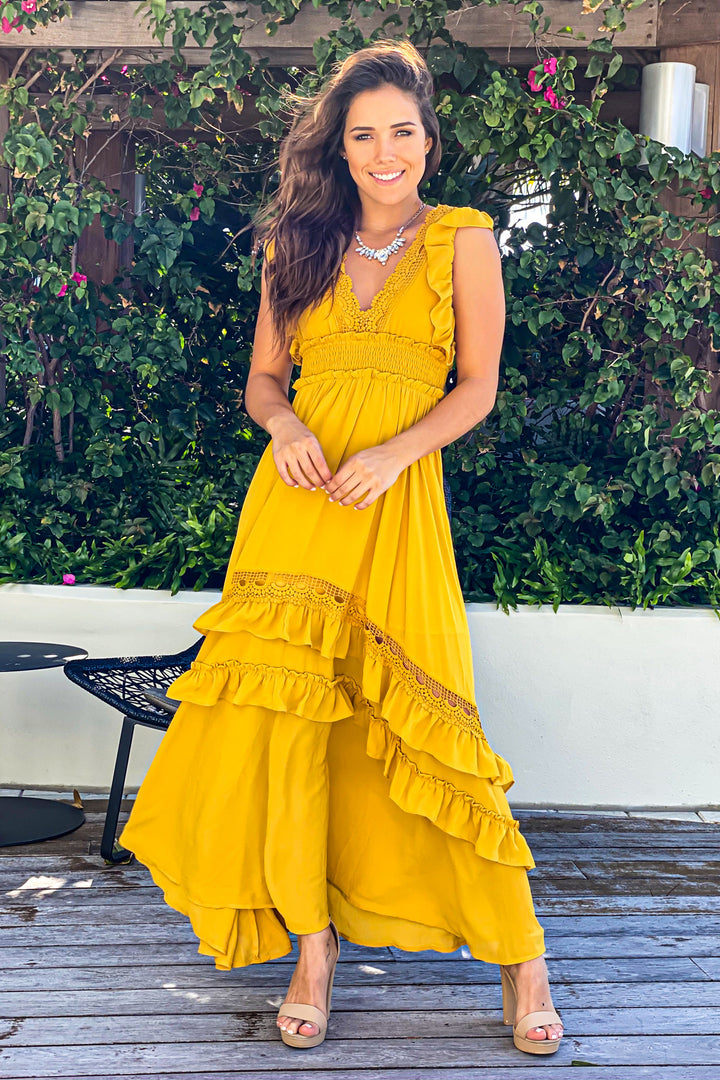 Mustard Maxi Dress with Crochet Trim | Maxi Dresses Saved by the Dress Mustard Maxi Dress with Crochet Trim | Maxi Dresses Saved by the Dress