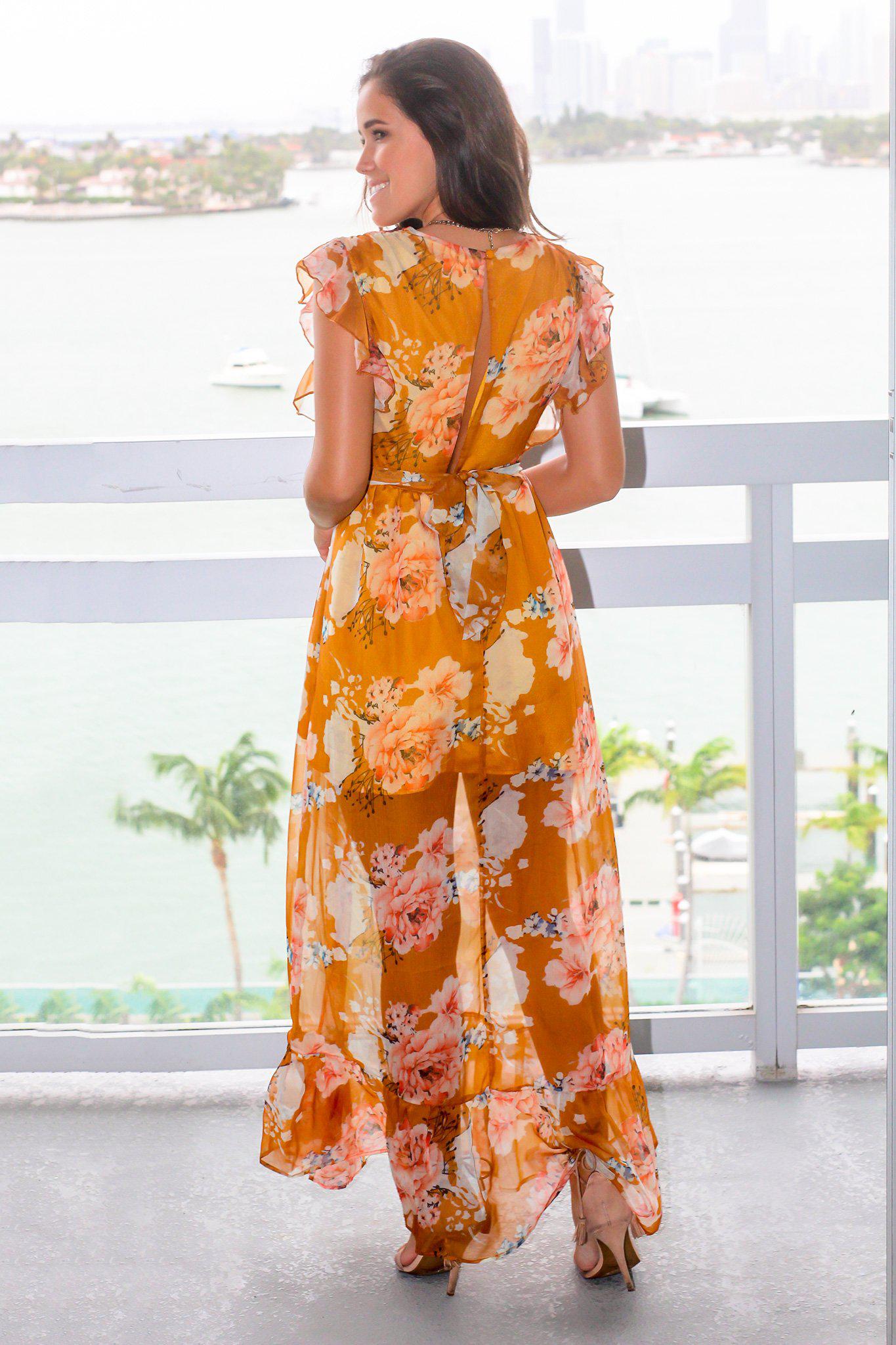 Mustard Floral Maxi Dress with Ruffled Sleeves