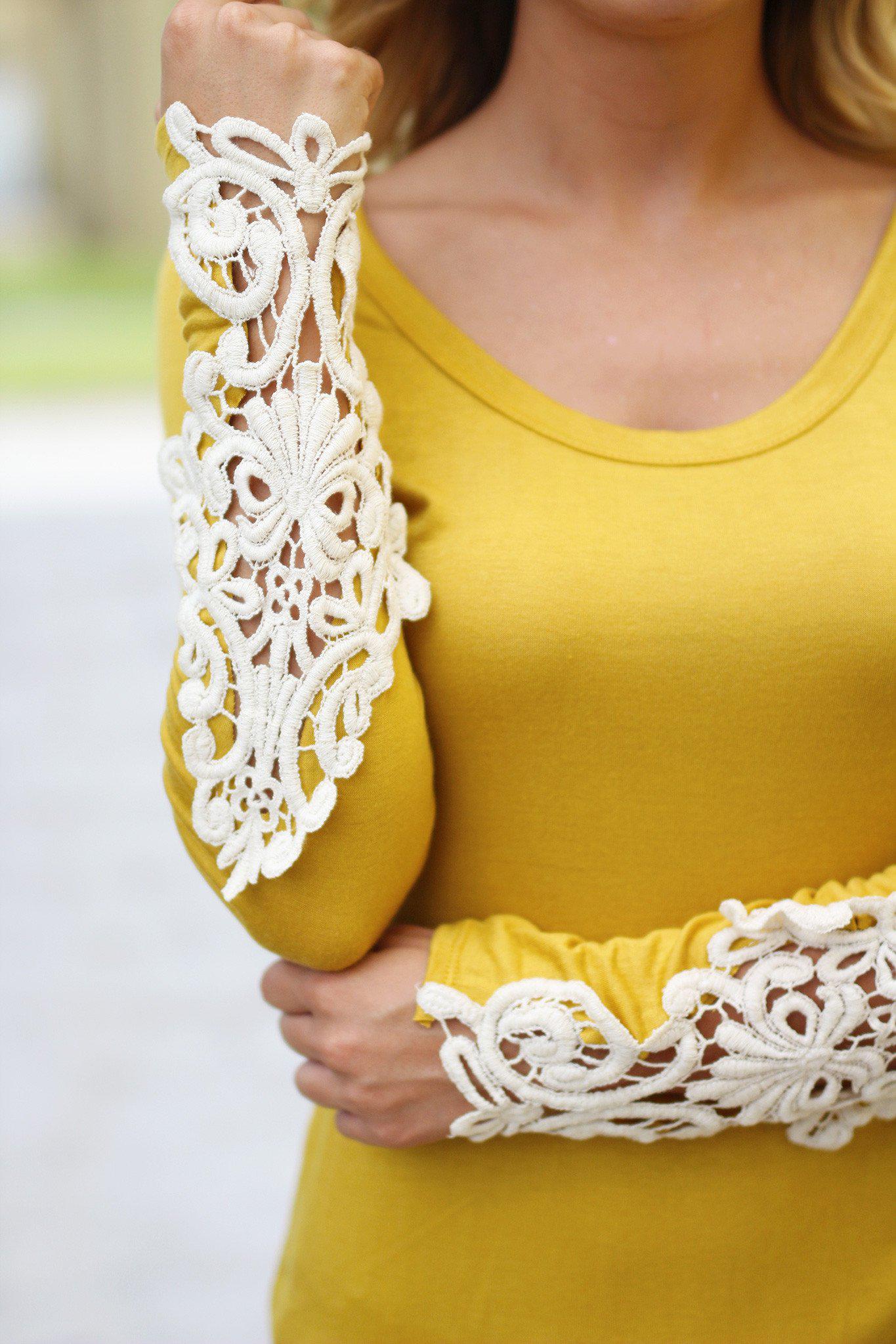 Mustard Top With Crochet Sleeves