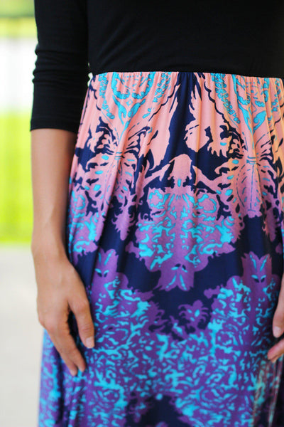 Black And Purple Maxi Dress With Multi Color Printed Bottom