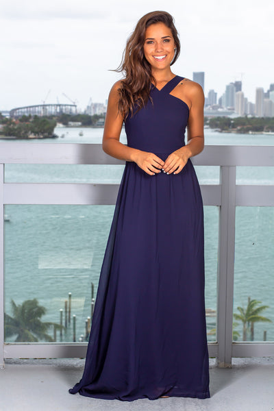 Navy Halter Neck Maxi Dress with Open Back