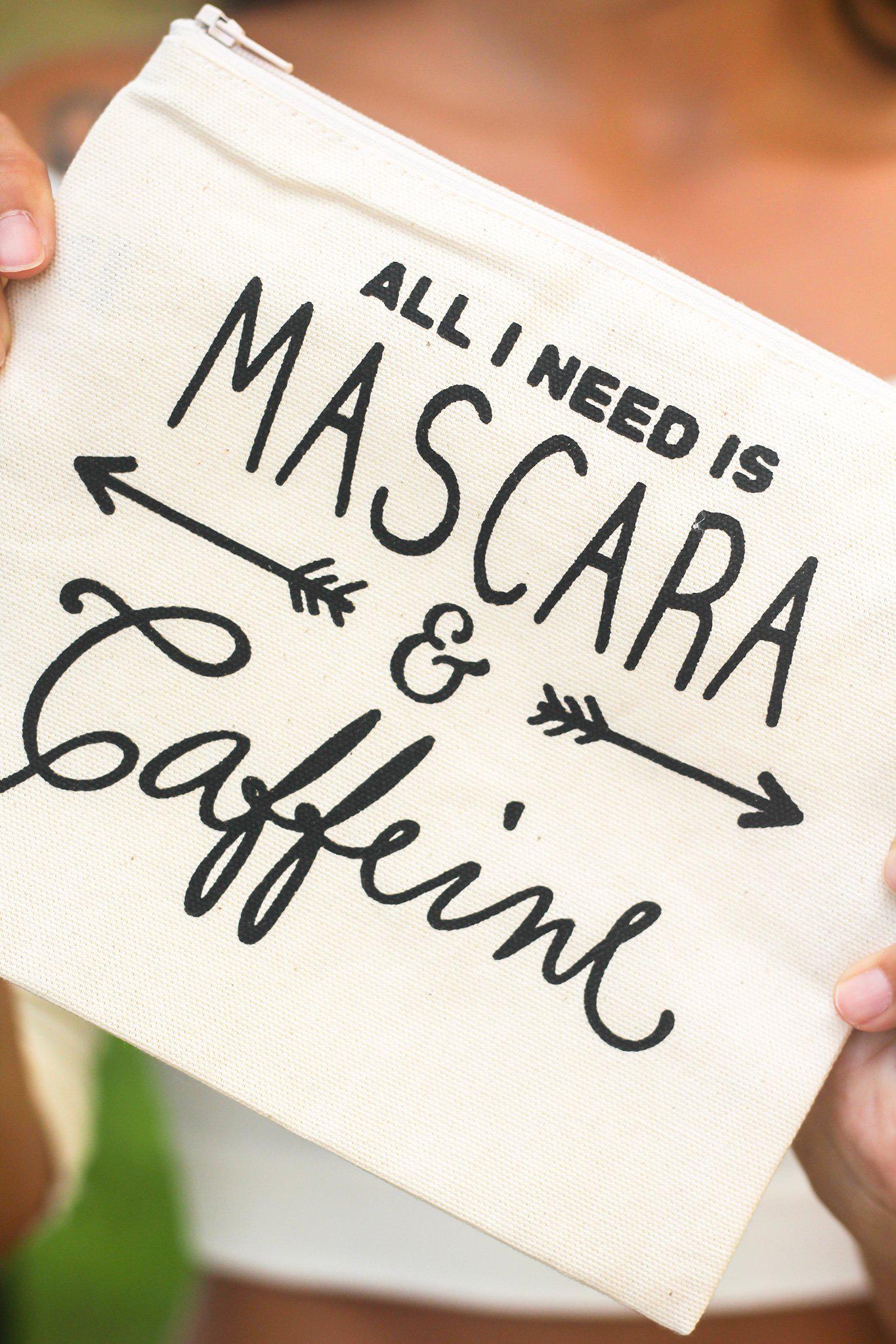 White "All I Need is Mascara & Caffeine" Makeup Bag