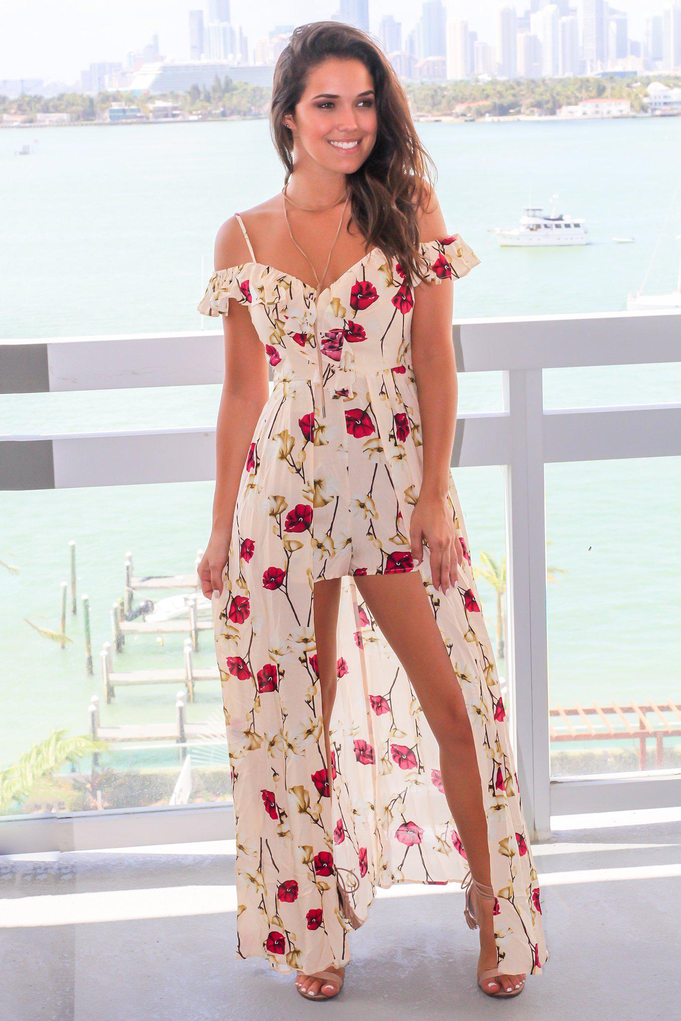 Natural Floral Maxi Romper with Ruffles