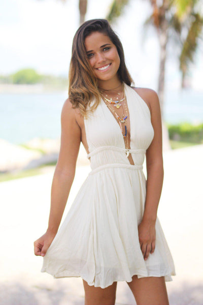 Natural Halter Short Dress with Open Back