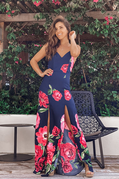 Navy Floral Maxi Dress with Slits