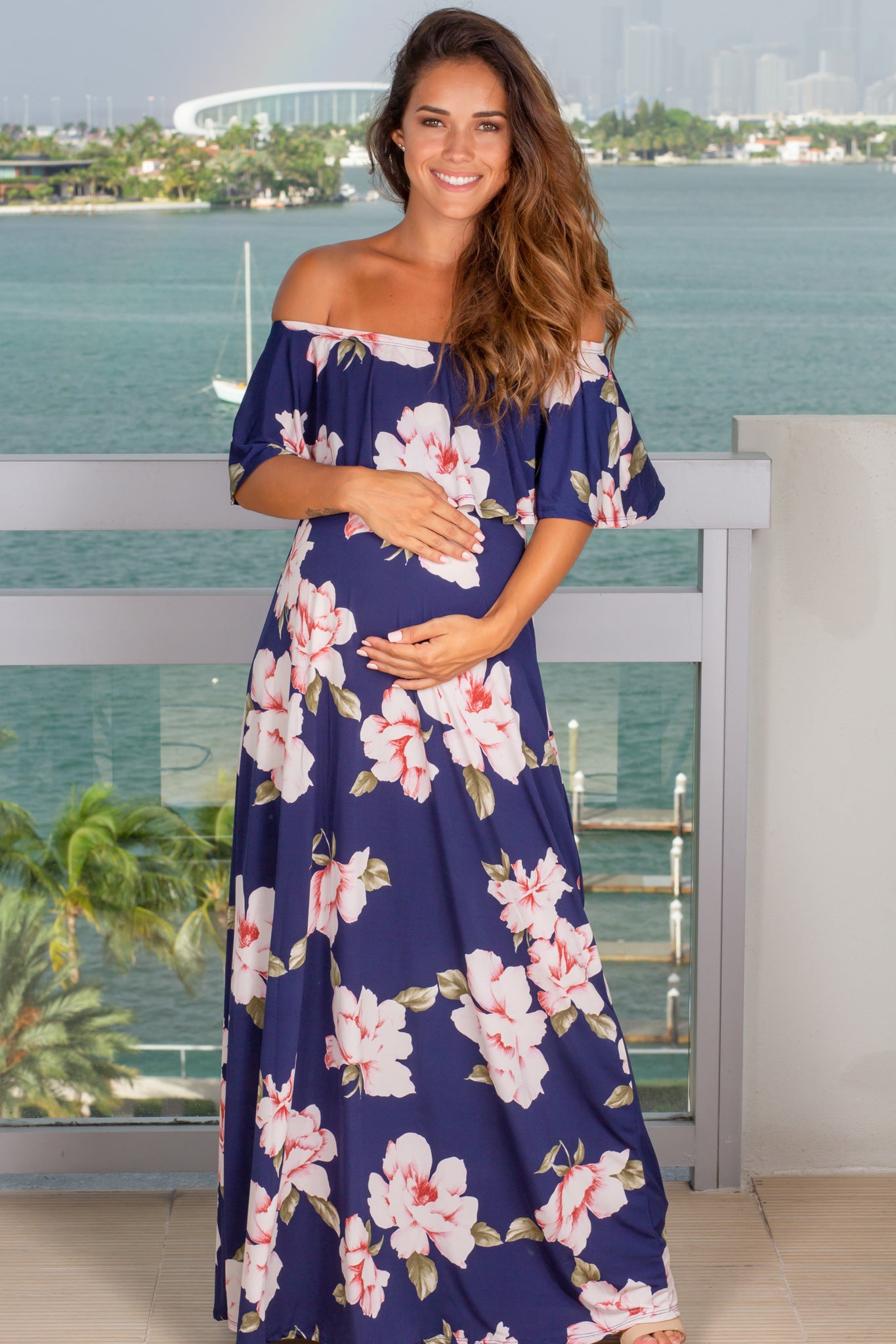 Navy Off Shoulder Floral Maternity Maxi Dress