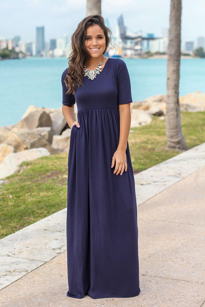 Navy 1/2 Sleeve Maxi Dress with Pockets