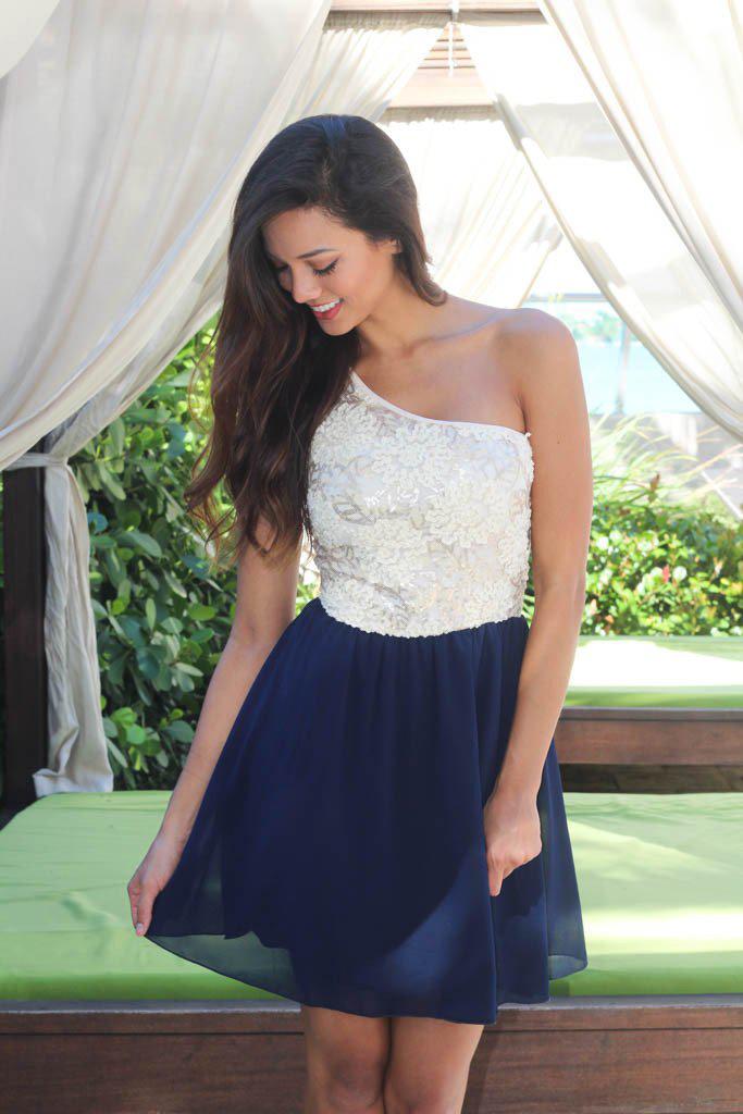 Navy And Ivory One Shoulder Dress