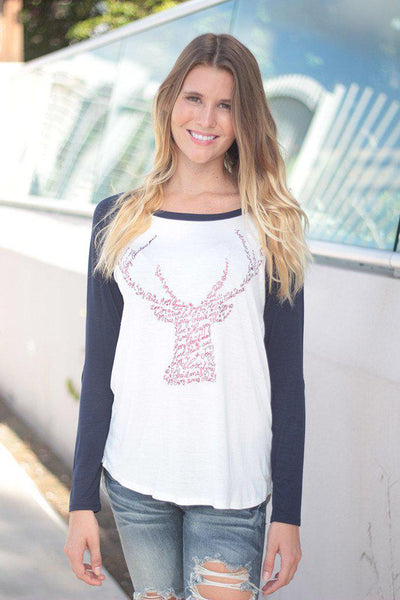 Navy And White Reindeer Top with Sequin Elbow Patches