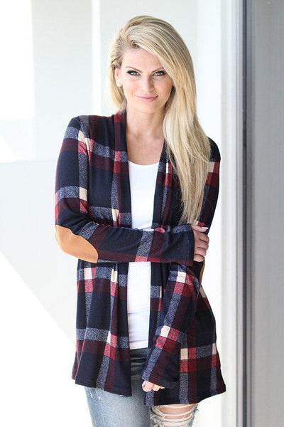 Navy and Burgundy Plaid Cardigan with Elbow Patches