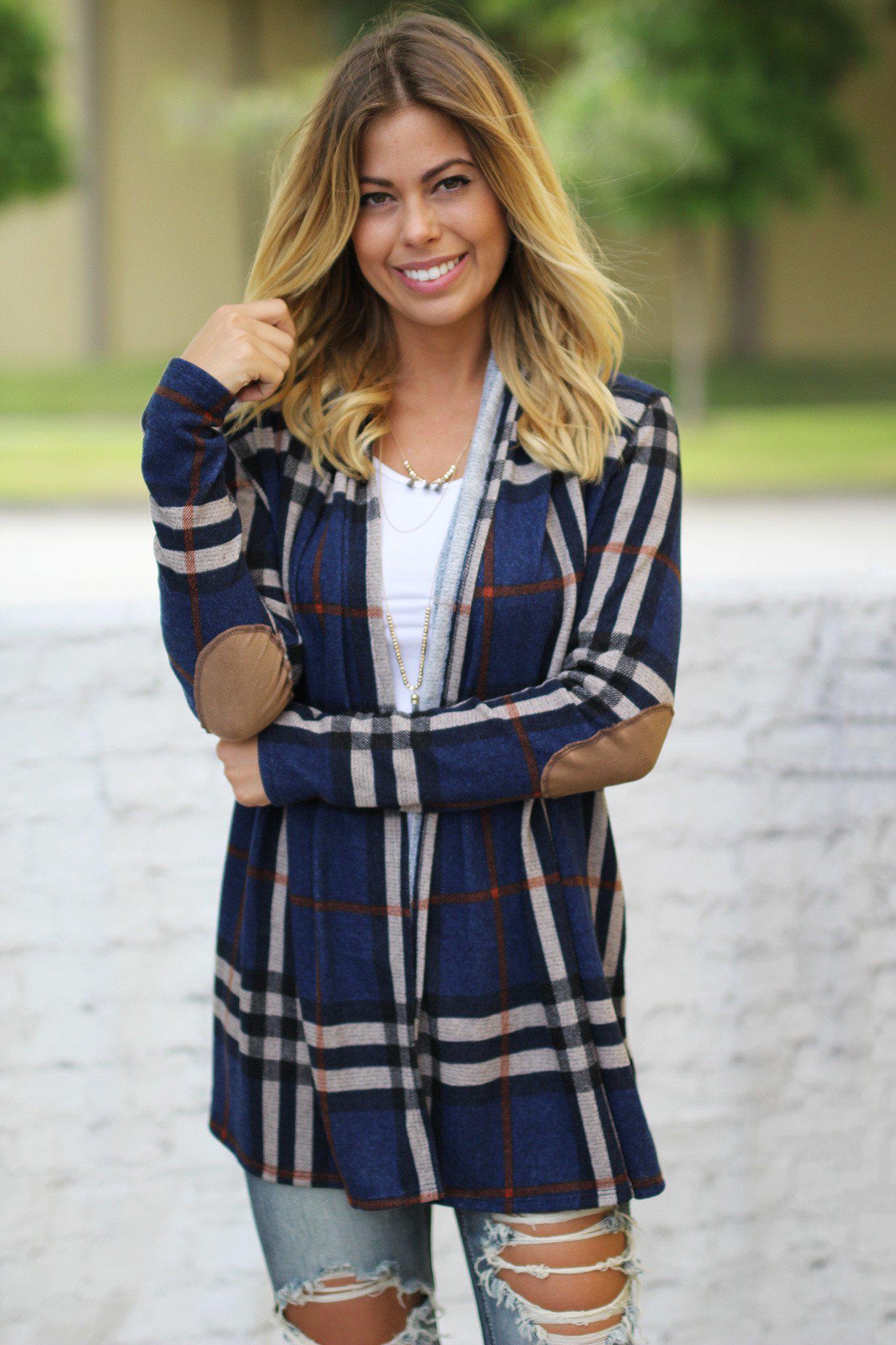 Navy Plaid Cardigan With Elbow Patches | Navy Cardigan | Patched Cardi ...