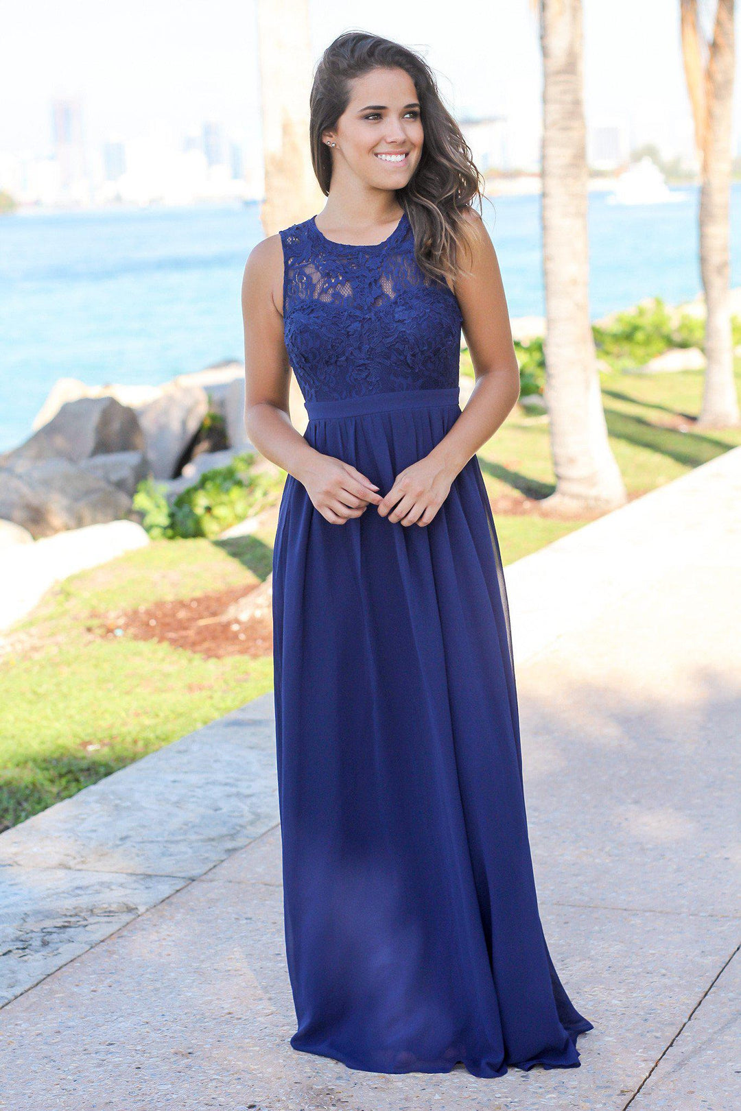 chinese dress ladies Off the Shoulder Dark Navy Long Prom Dress with Lace Top – FancyVestido main image 1