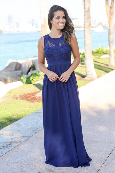 Navy Chiffon Maxi Dress with Lace Top | Bridesmaid Dresses Saved by the Dress Navy Chiffon Maxi Dress with Lace Top | Bridesmaid Dresses Saved by the Dress
