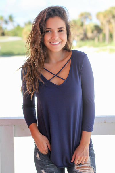 Navy Criss Cross Top with 3/4 Sleeves