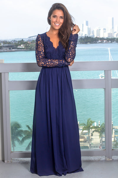 Navy Crochet Maxi Dress with Open Back and Long Sleeves