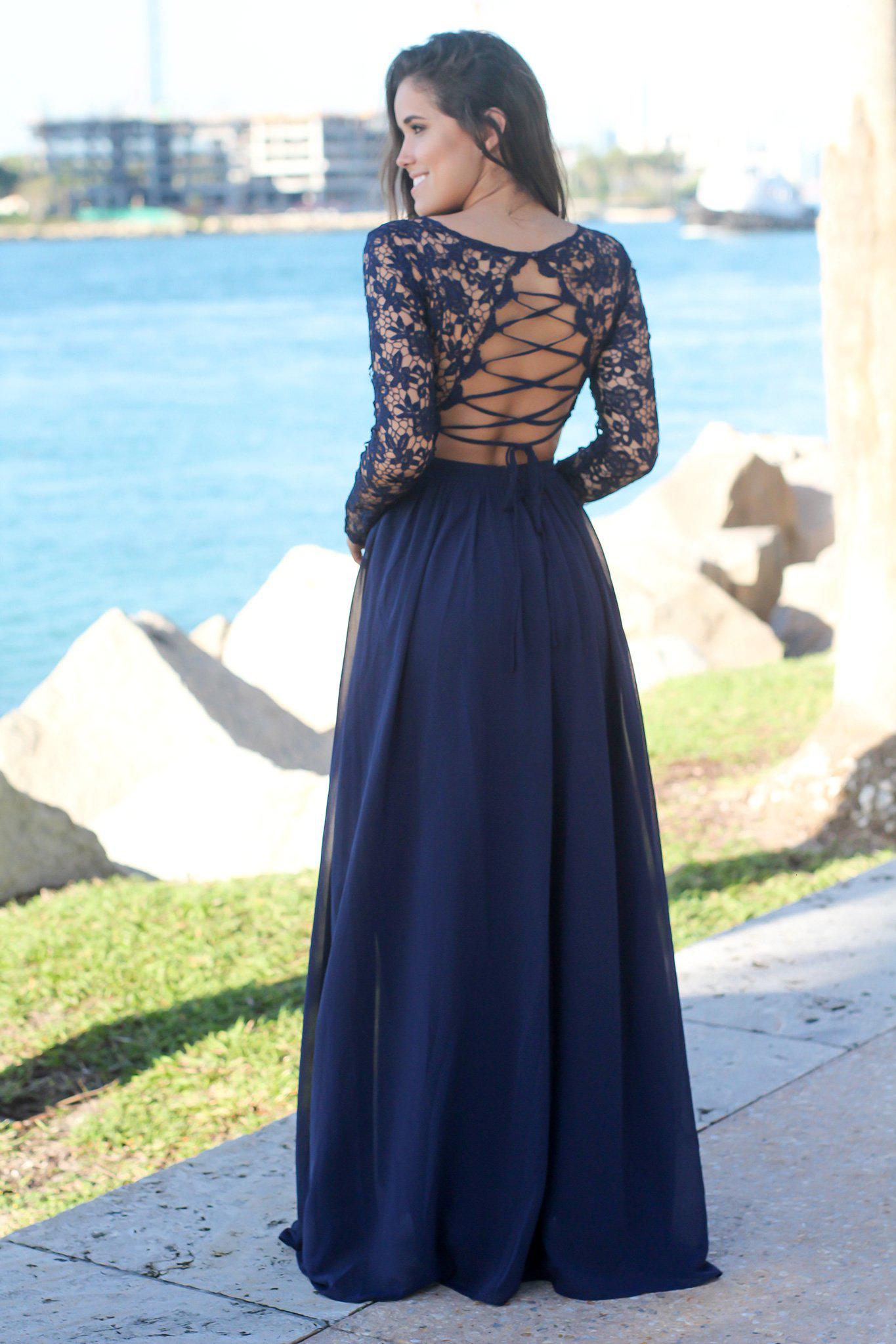 Navy Crochet Top Maxi Dress with Lace Up Back