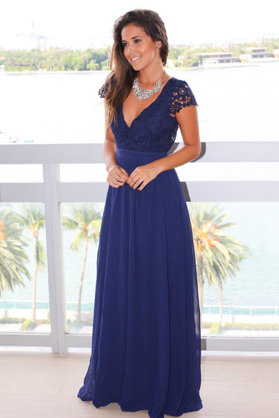 Navy Crochet Top Maxi Dress with Open Back