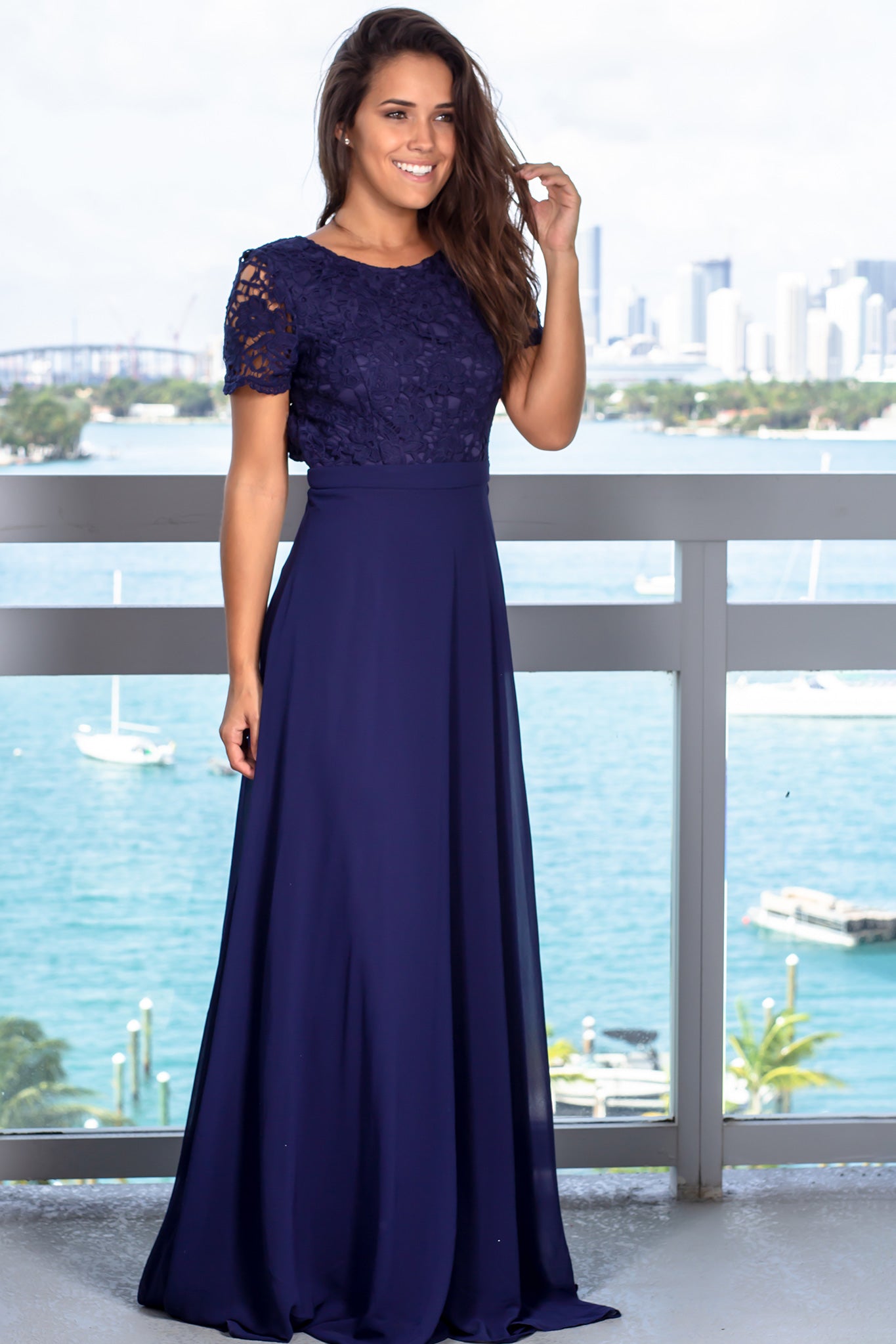 Navy Crochet Top Maxi Dress with Open Back and Sleeves