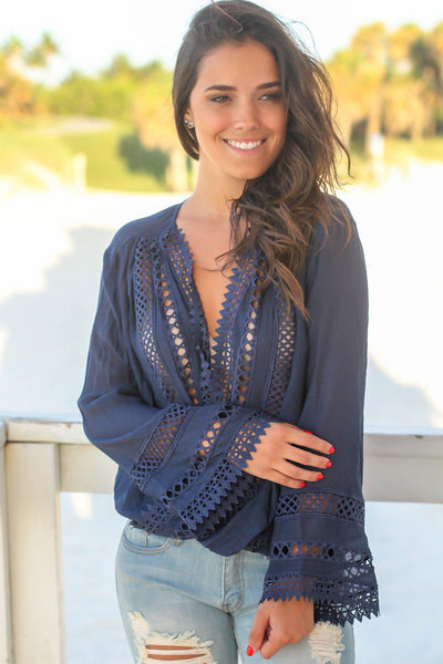 Navy Crochet Wrap Top